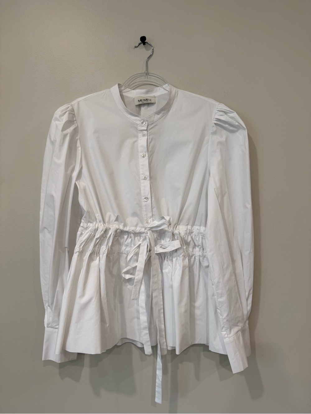 MEIMEIJ Italy White Poplin Puff Sleeve Tie Waist Blouse Sz 46 IT